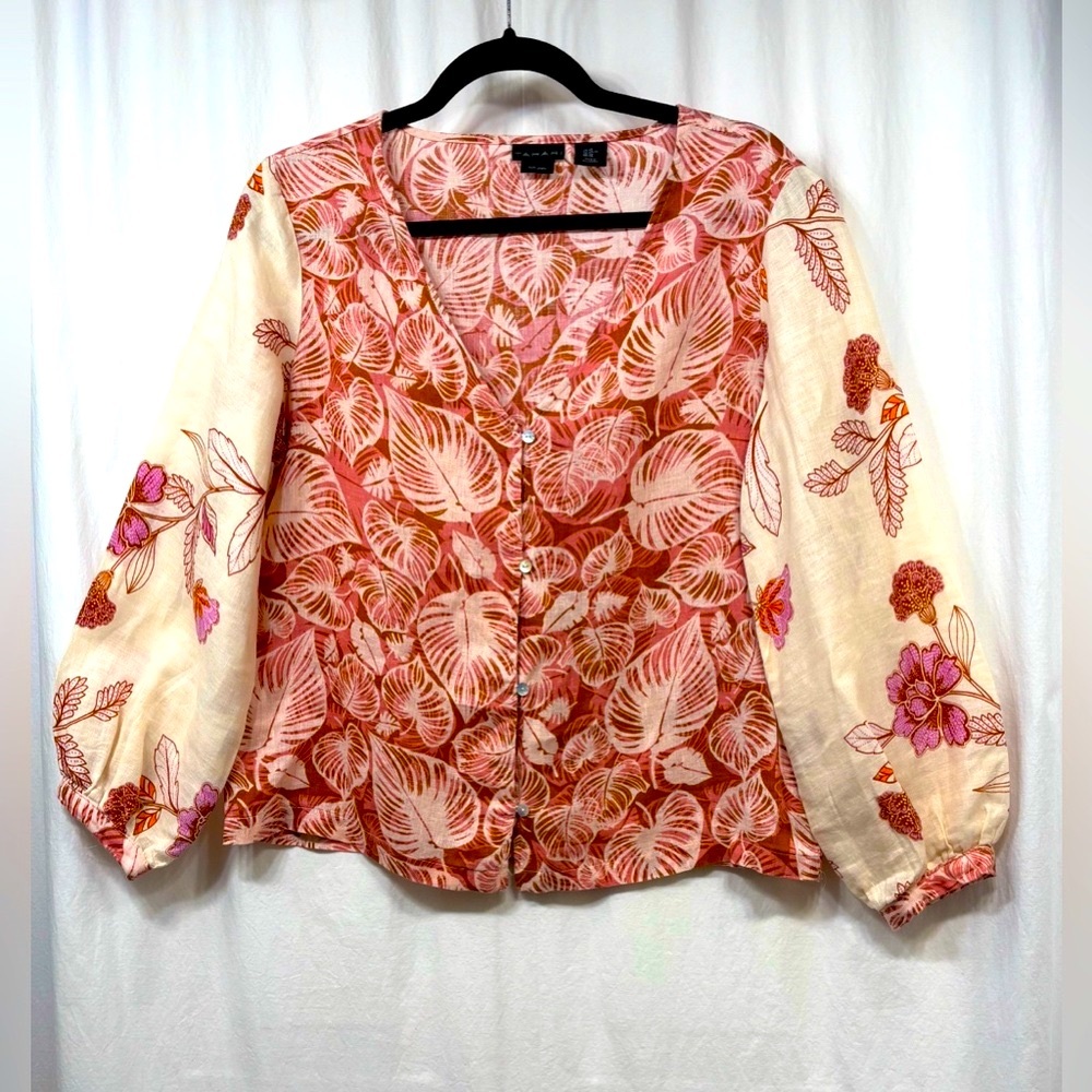 Tahari 100% Linen Top Size XS Flowers Leaves Pink Cream Long Sleeves